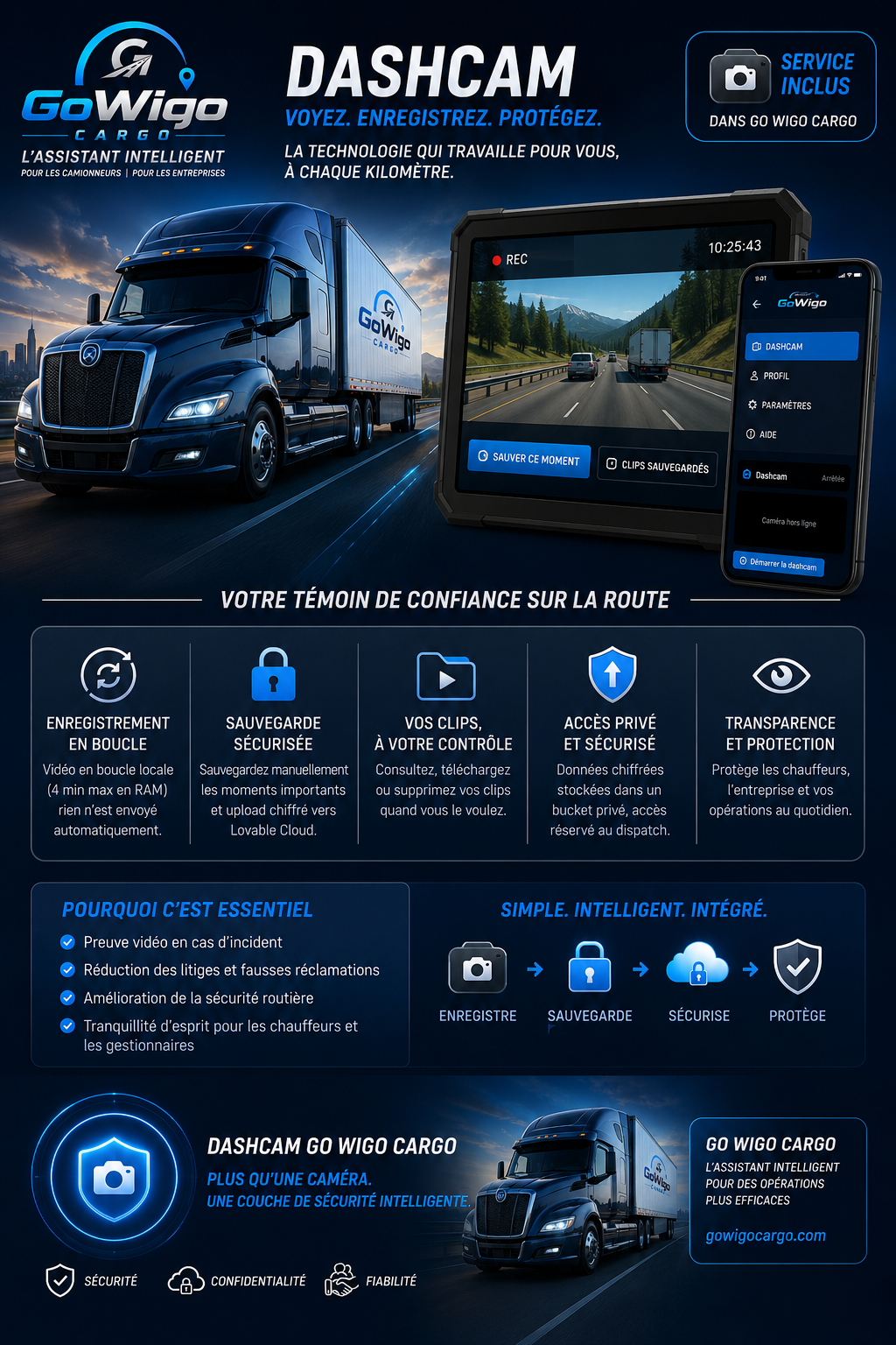 Affiche Dashcam GoWigo Cargo : enregistrement en boucle, sauvegarde sécurisée, contrôle chauffeur, accès privé, transparence et protection